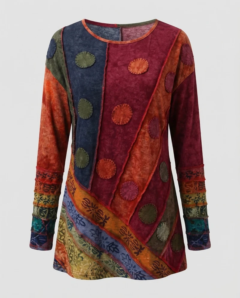 Damen Boho-Longshirt Patchwork Ziernähte