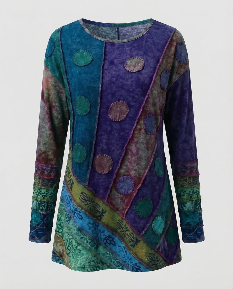 Damen Boho-Longshirt Patchwork Ziernähte