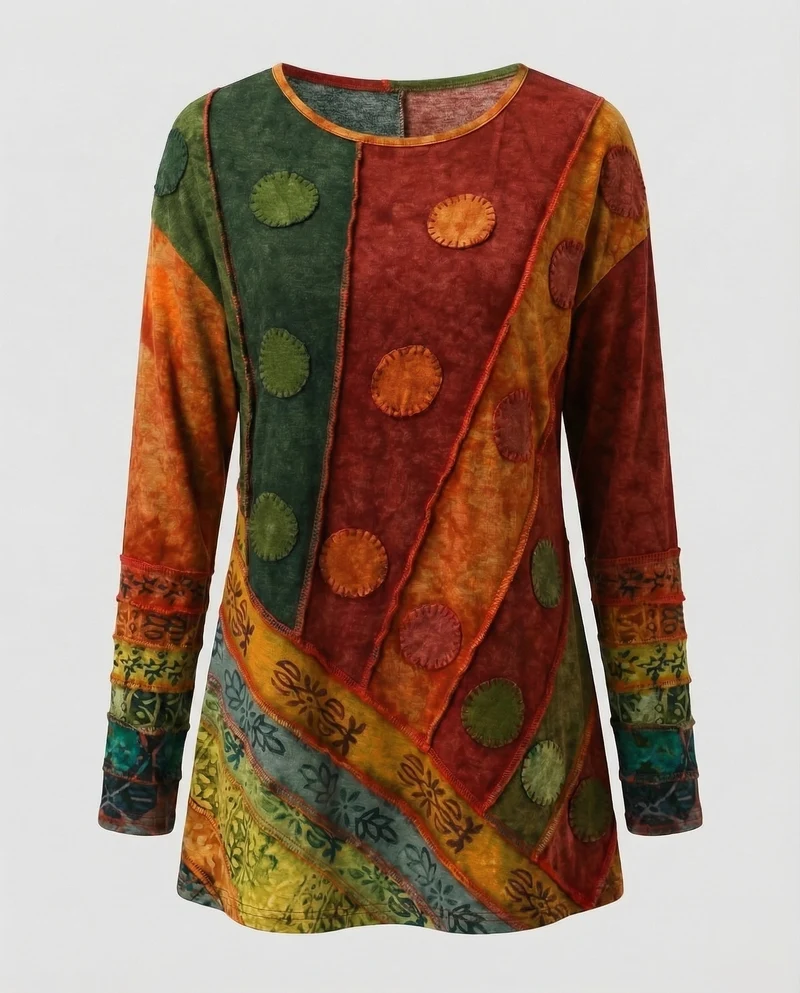 Damen Boho-Longshirt Patchwork Ziernähte