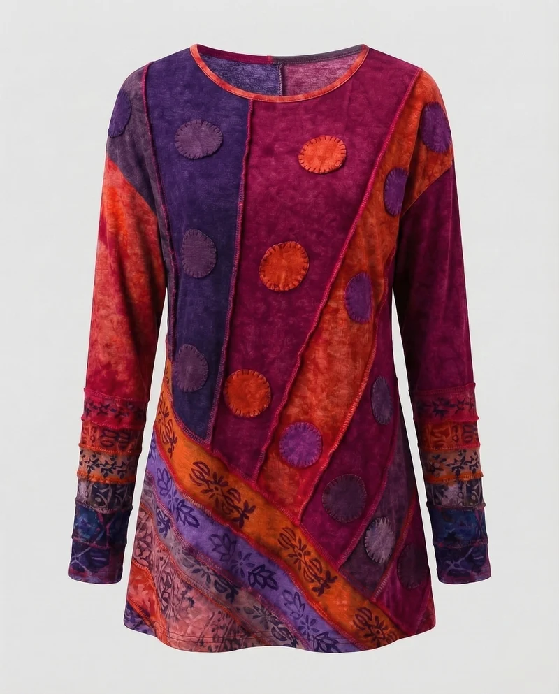 Damen Boho-Longshirt Patchwork Ziernähte