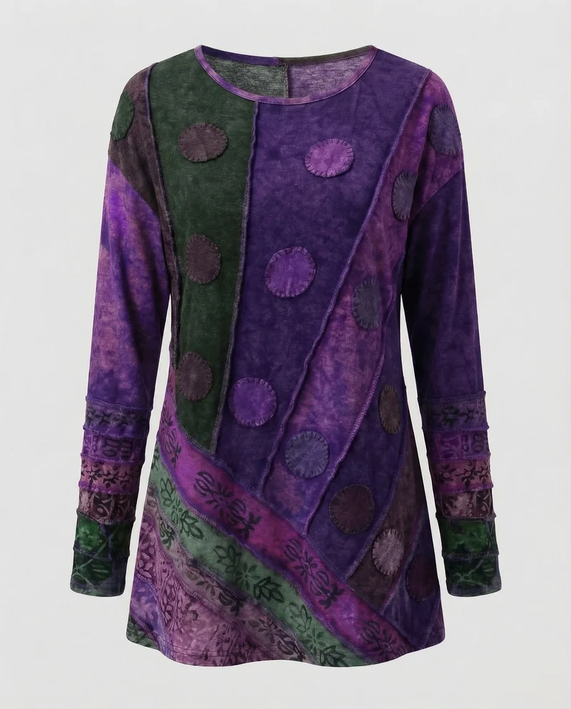 Damen Boho-Longshirt Patchwork Ziernähte