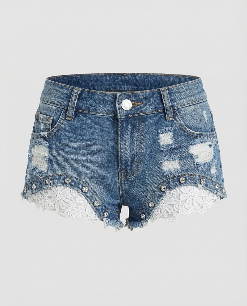 Damen Denim Hotpants Spitze Destroyed