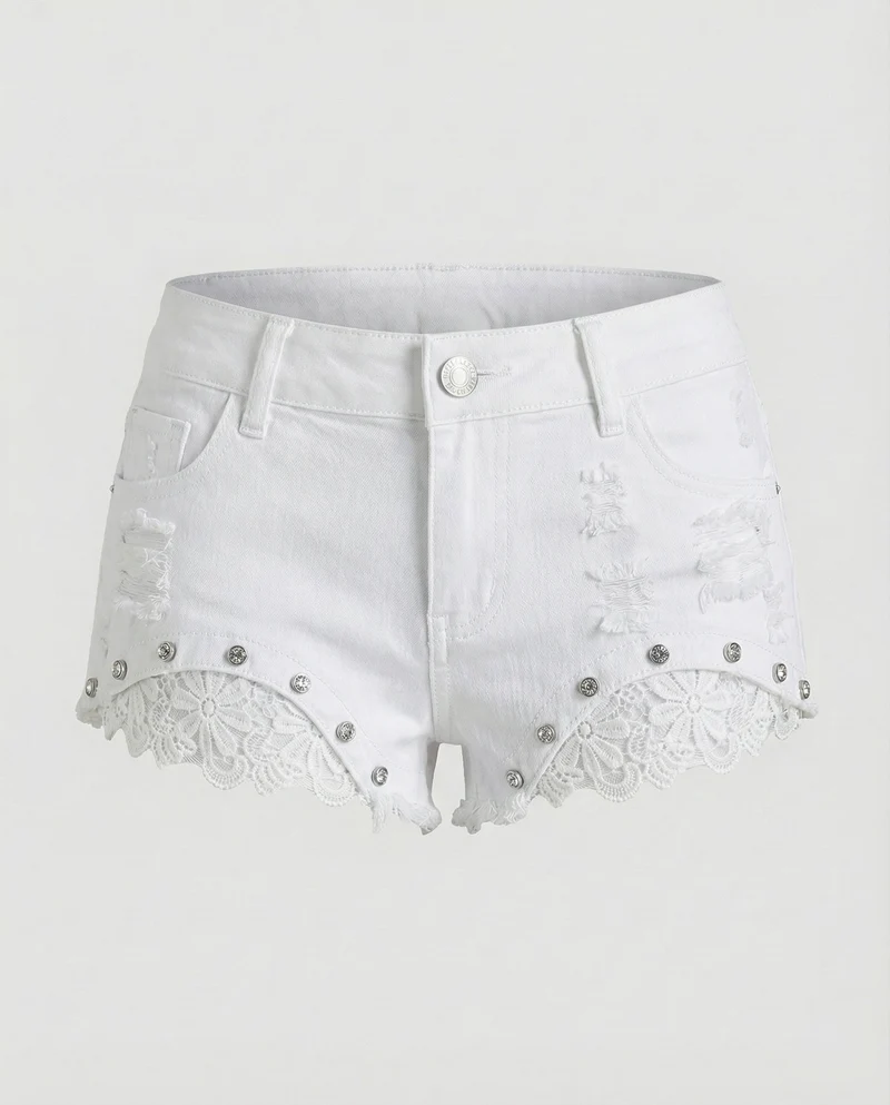 Damen Denim Hotpants Spitze Destroyed