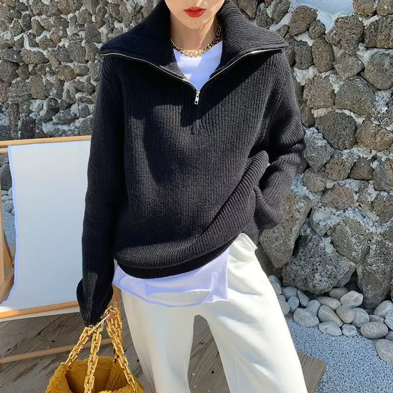 Damen Leichter Strickpullover mit hohem Kragen und Reißverschluss