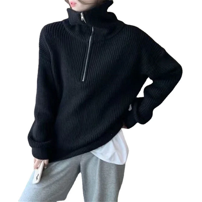 Damen Leichter Strickpullover mit hohem Kragen und Reißverschluss