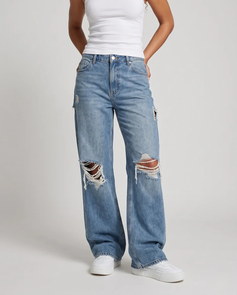 Damen High-Waisted Baggy Jeans im Destroyed Look mit weitem Bein Nord Taschen