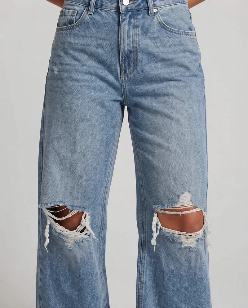 Damen High-Waisted Baggy Jeans im Destroyed Look mit weitem Bein Nord Taschen