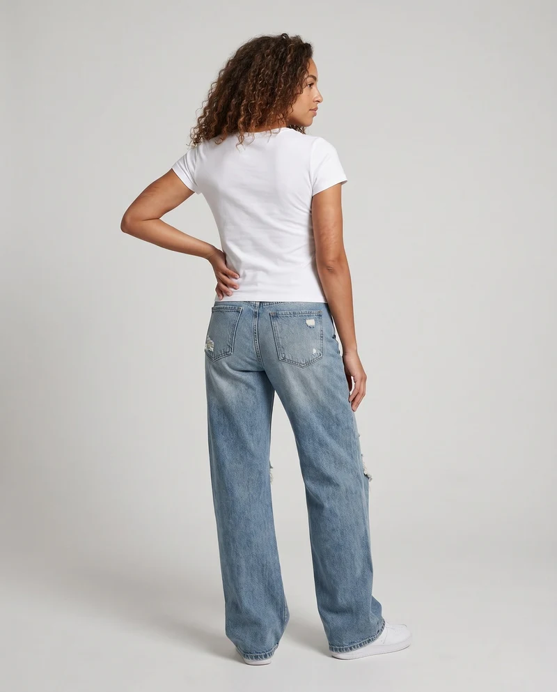 Damen High-Waisted Baggy Jeans im Destroyed Look mit weitem Bein Nord Taschen
