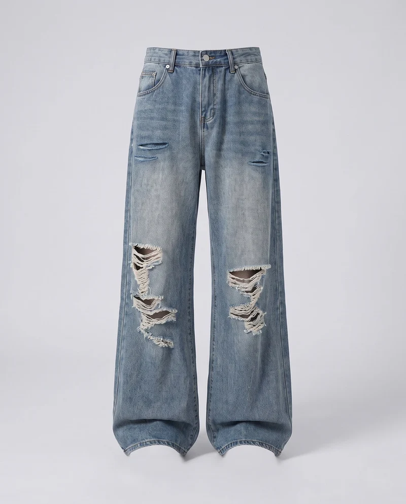 Damen High-Waisted Baggy Jeans im Destroyed Look mit weitem Bein Nord Taschen