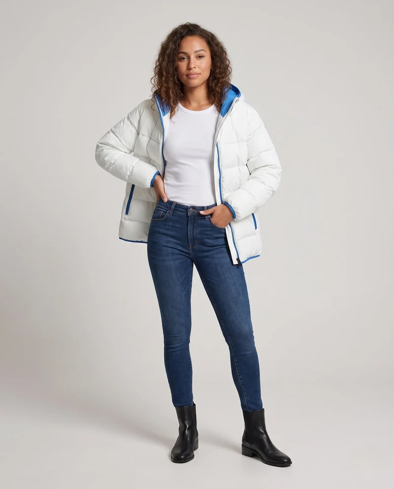 Damen Kurzgeschnittene Steppwinterjacke mit Kontrastkapuze und Reißverschlusstaschen Nord Taschen