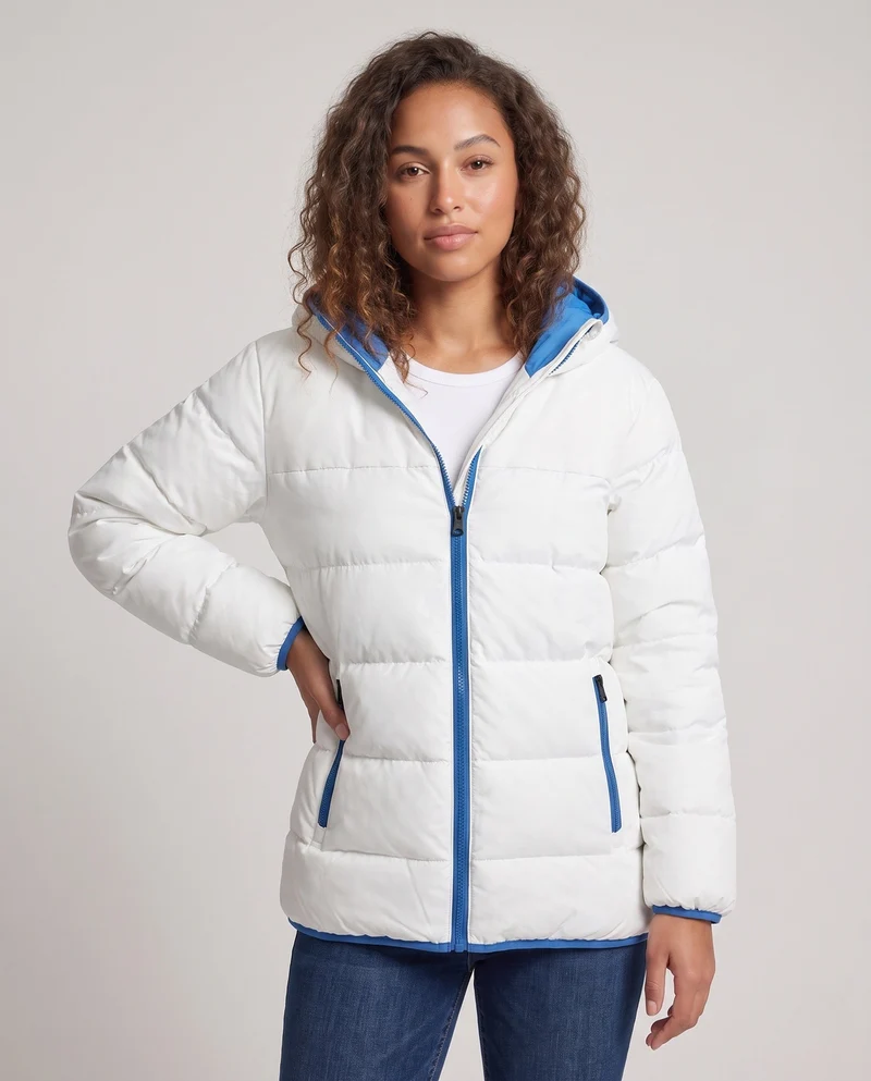 Damen Kurzgeschnittene Steppwinterjacke mit Kontrastkapuze und Reißverschlusstaschen Nord Taschen