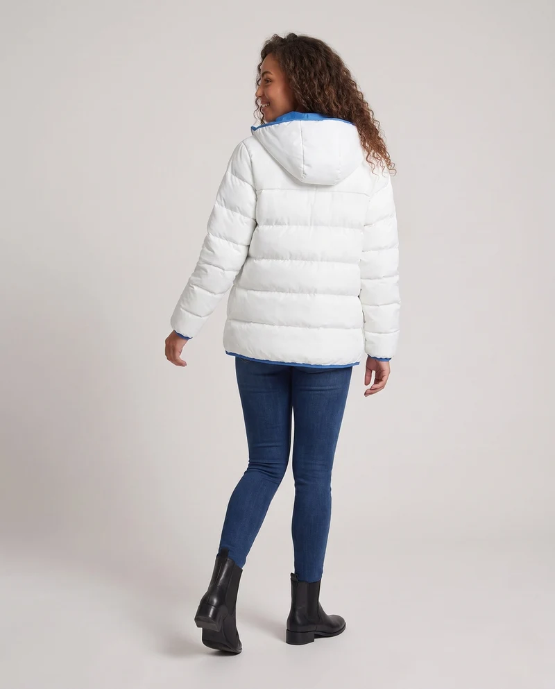 Damen Kurzgeschnittene Steppwinterjacke mit Kontrastkapuze und Reißverschlusstaschen Nord Taschen