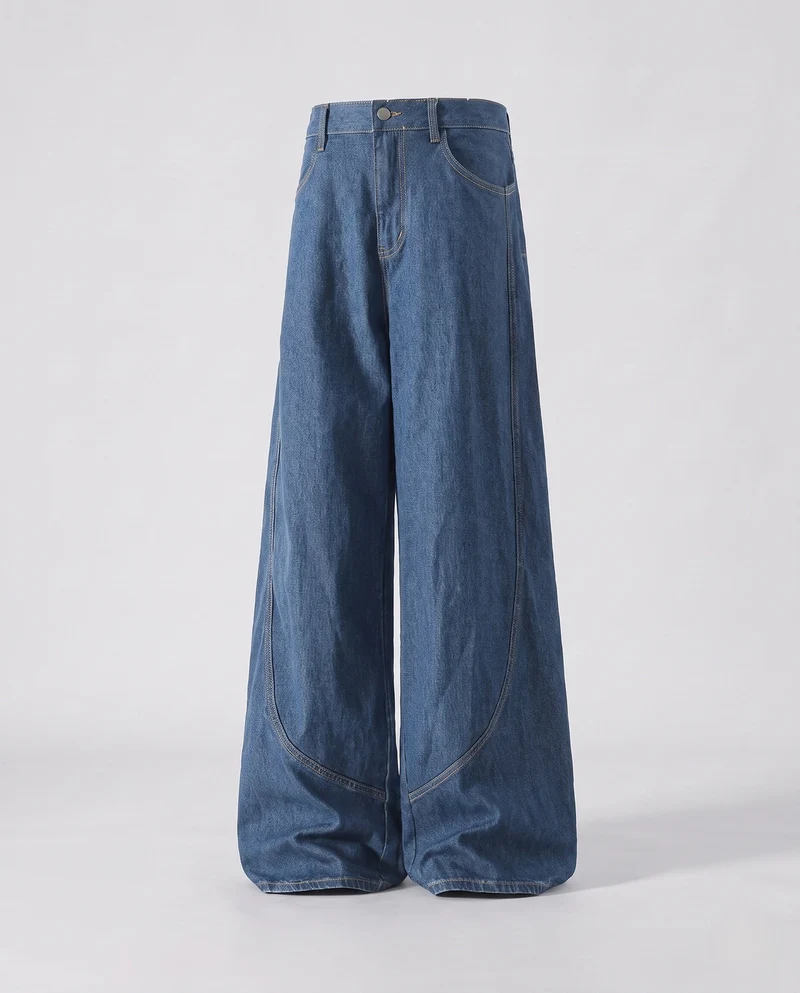 Damen hochgeschnittene Jeanshose im Palazzo-Schnitt mit weitem Bein und kontrastierenden Nähten Nord Taschen