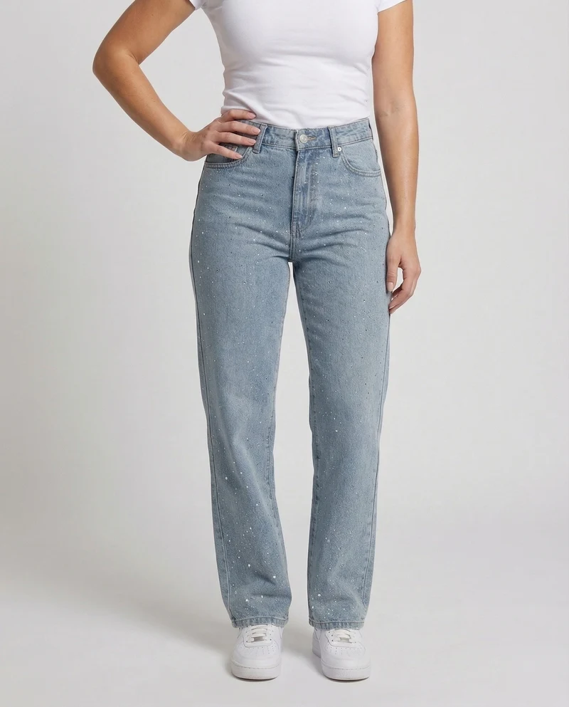 Damen Gerade Jeans Strassbesatz