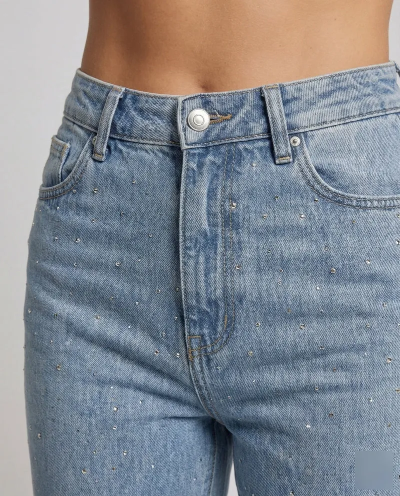 Damen Gerade Jeans Strassbesatz
