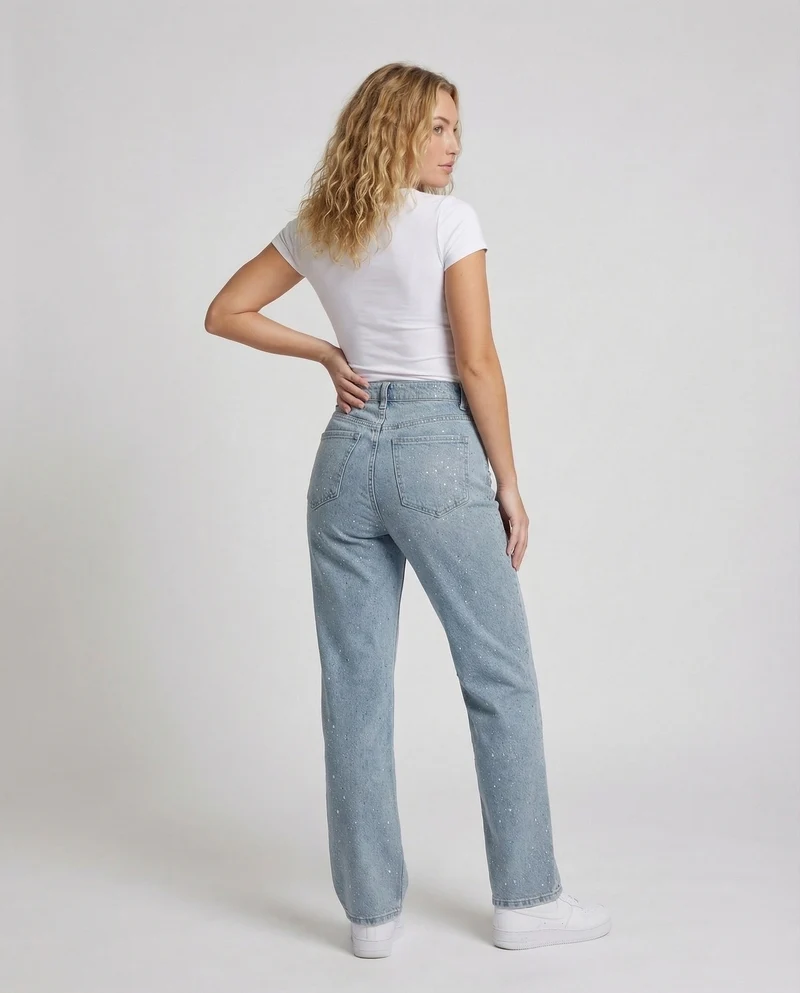 Damen Gerade Jeans Strassbesatz