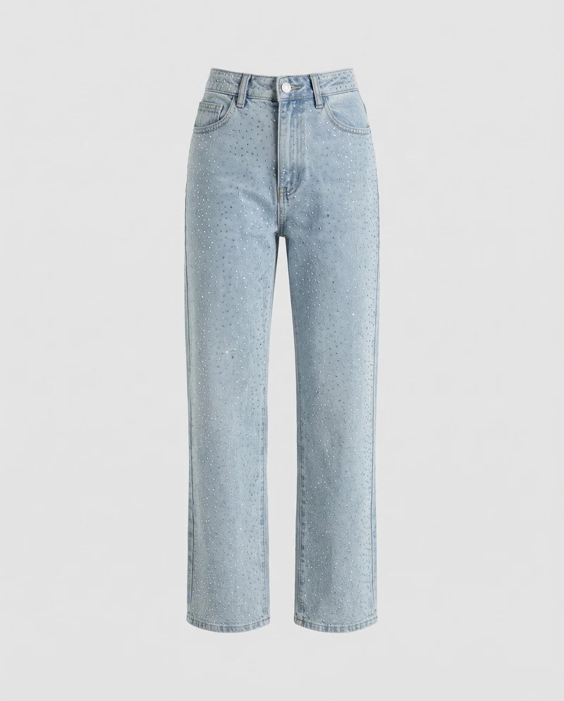 Damen Gerade Jeans Strassbesatz