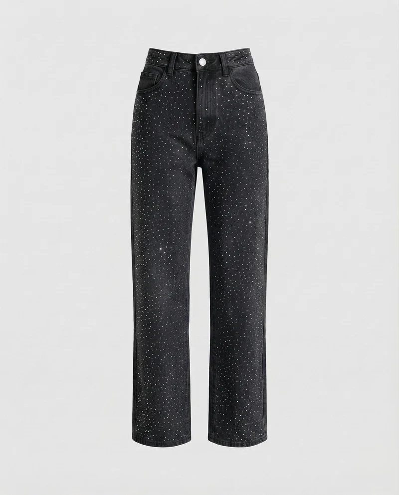 Damen Gerade Jeans Strassbesatz