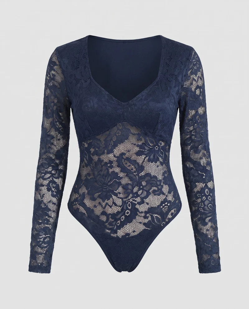 Damen Lace Bodysuit mit tiefem V-Ausschnitt und langen Ärmeln