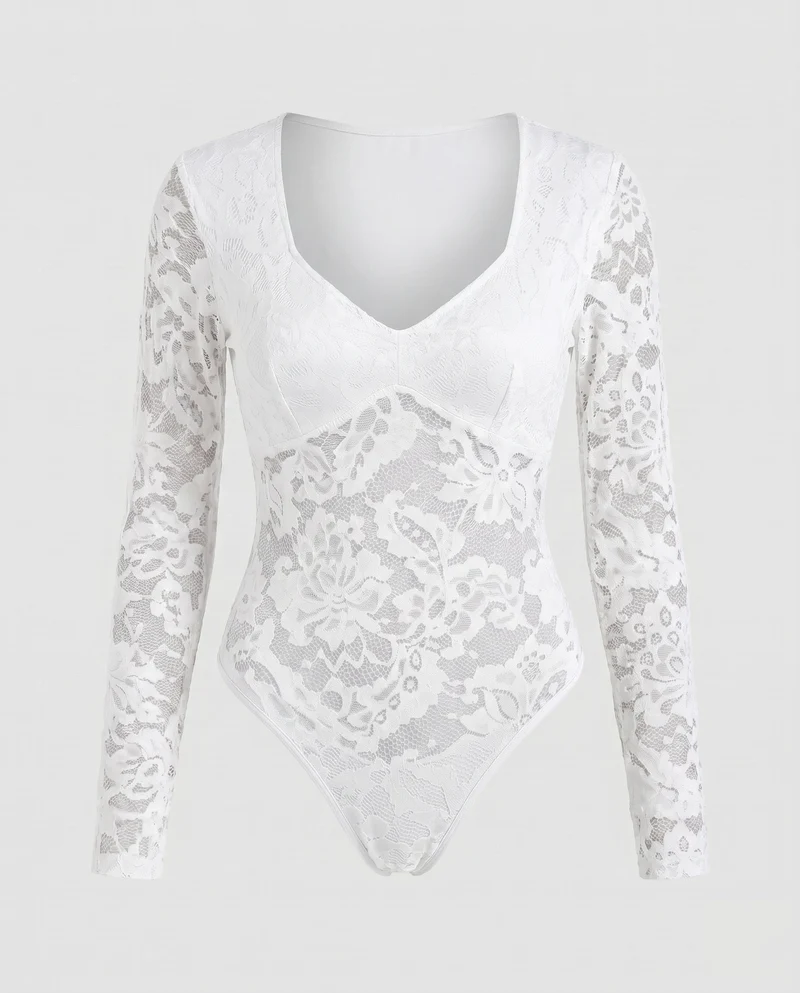 Damen Lace Bodysuit mit tiefem V-Ausschnitt und langen Ärmeln
