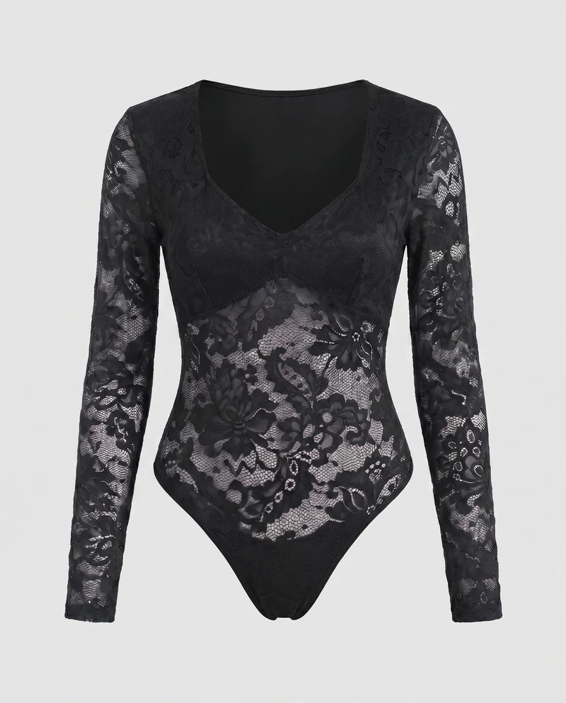 Damen Lace Bodysuit mit tiefem V-Ausschnitt und langen Ärmeln