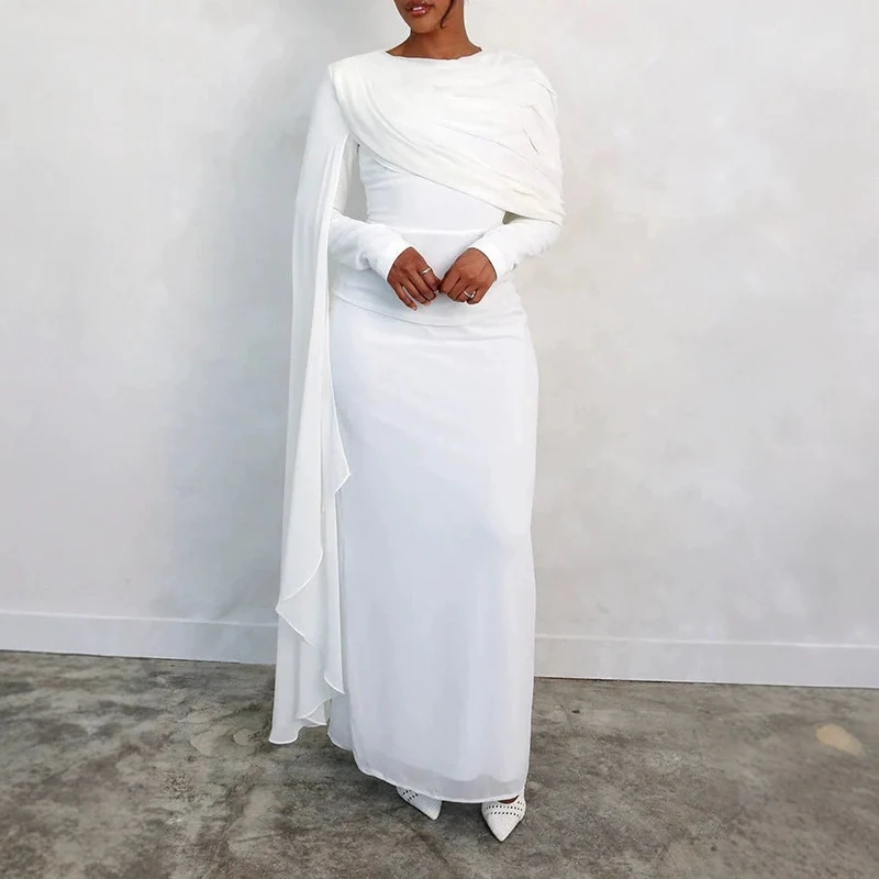Damen Elegantes Maxi-Kleid mit drapierter Schultergestaltung und langem Arm Nord Taschen