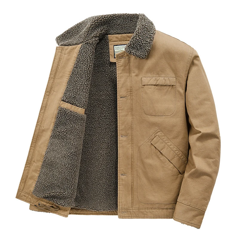 Herren gefütterte Canvas-Arbeitsjacke mit Sherpa‑Innenfutter und Hemdkragen Nord Taschen