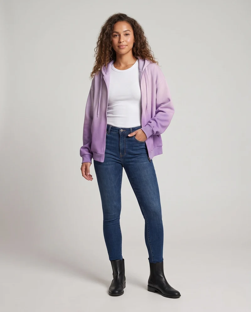 Damen Oversized Hoodie-Jacke mit Gradient, durchgehendem Reißverschluss, Kordelzug und geripptem Saum Nord Taschen