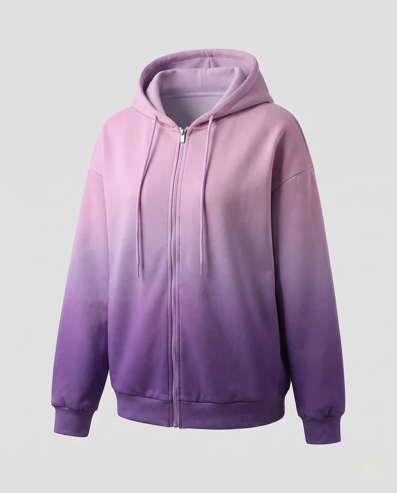 Damen Oversized Hoodie-Jacke mit Gradient, durchgehendem Reißverschluss, Kordelzug und geripptem Saum Nord Taschen