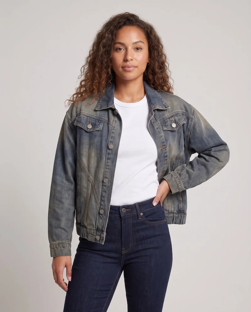 Damen Oversized Jeansjacke mit elastischem Saum, Ballonärmeln und geformten Nord Taschen-Nahtdetails Nord Taschen