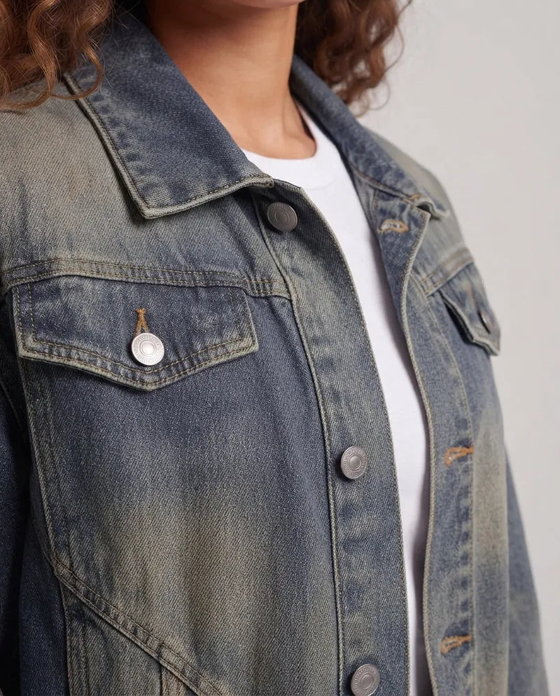 Damen Oversized Jeansjacke mit elastischem Saum, Ballonärmeln und geformten Nord Taschen-Nahtdetails Nord Taschen