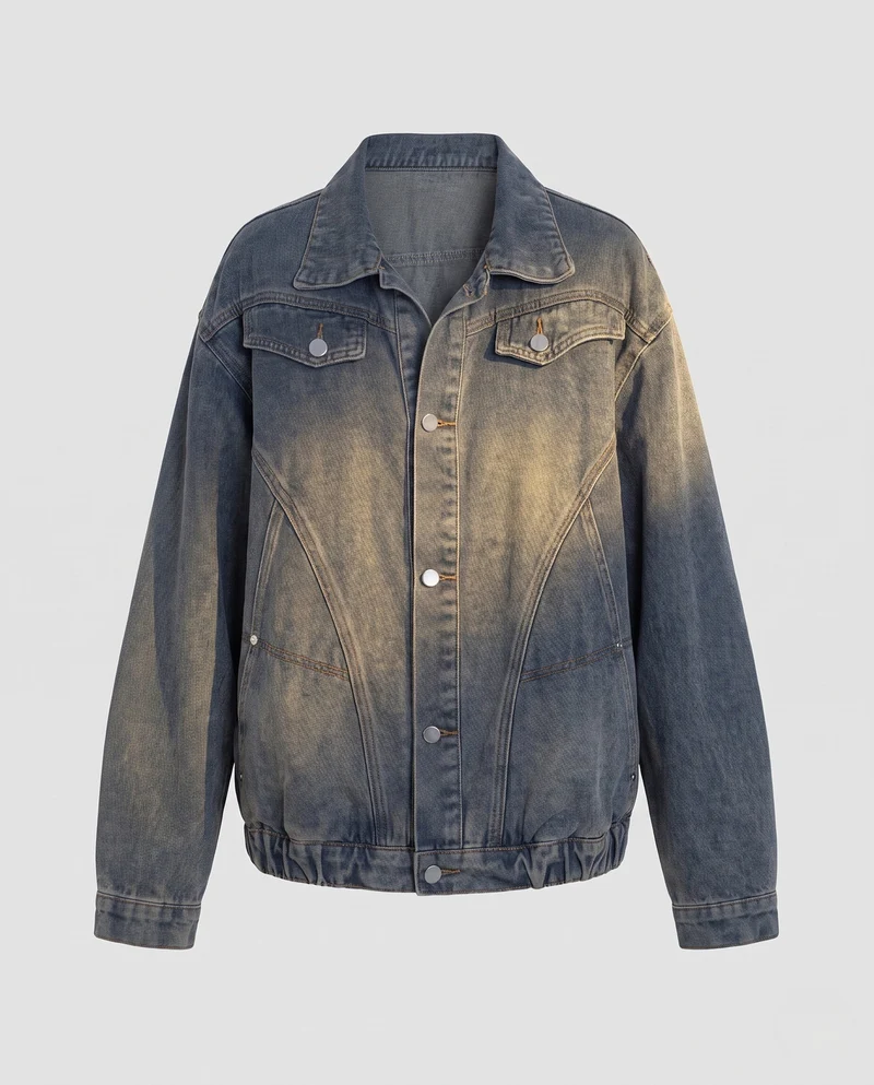Damen Oversized Jeansjacke mit elastischem Saum, Ballonärmeln und geformten Nord Taschen-Nahtdetails Nord Taschen
