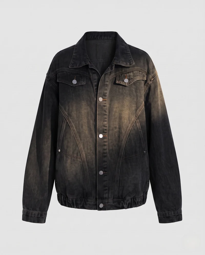 Damen Oversized Jeansjacke mit elastischem Saum, Ballonärmeln und geformten Nord Taschen-Nahtdetails Nord Taschen