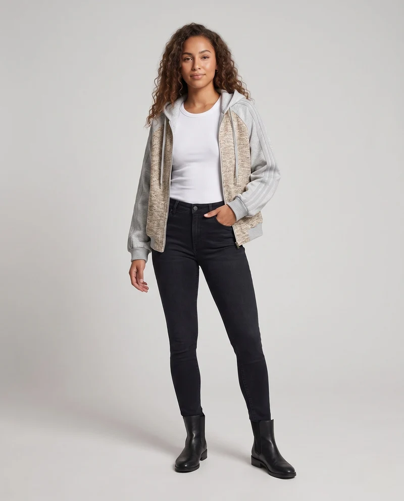 Damen Oversize Strick-Hoodie-Bomber mit Mélange-Front, Raglanärmeln & Voller Reißverschluss Nord Taschen