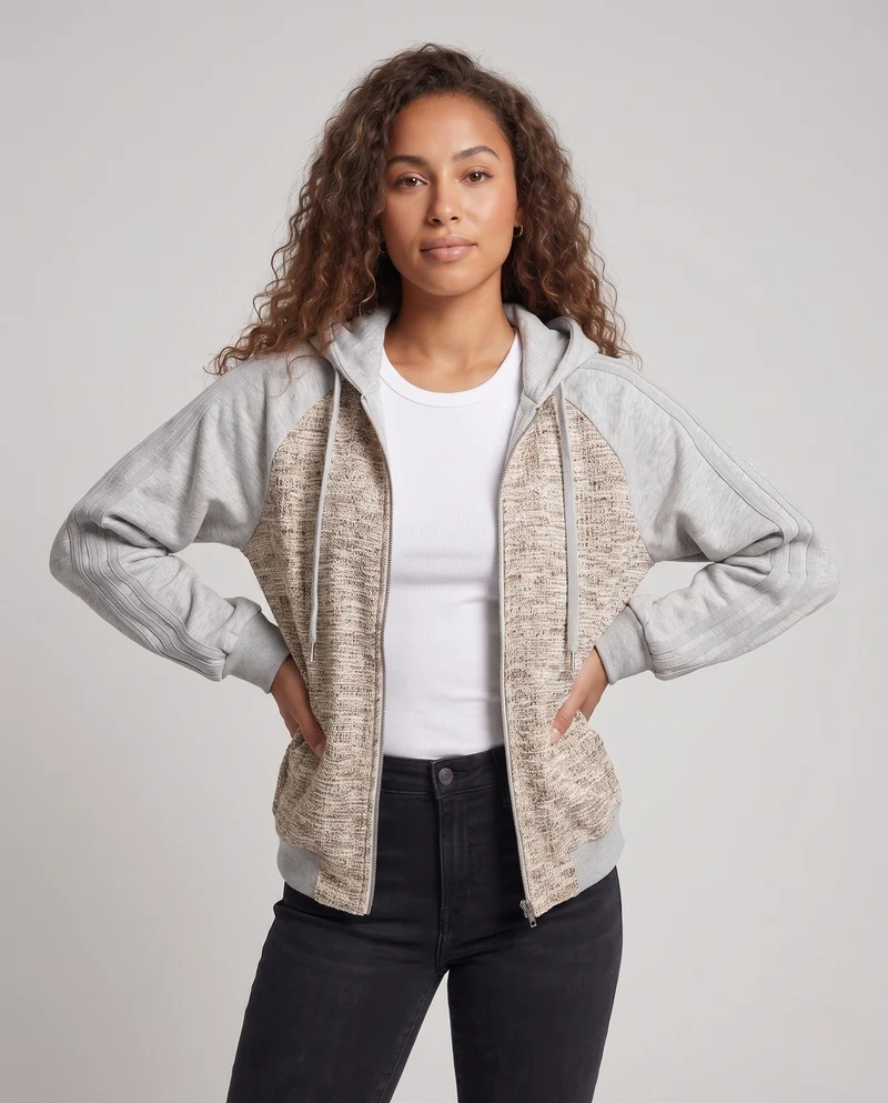 Damen Oversize Strick-Hoodie-Bomber mit Mélange-Front, Raglanärmeln & Voller Reißverschluss Nord Taschen