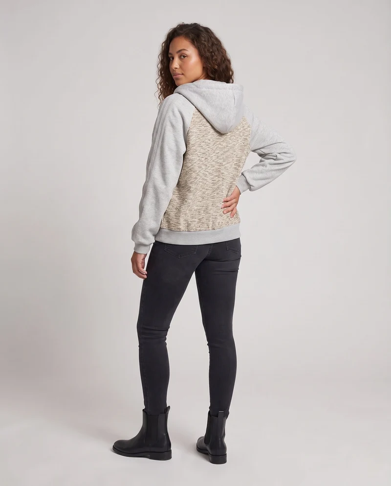 Damen Oversize Strick-Hoodie-Bomber mit Mélange-Front, Raglanärmeln & Voller Reißverschluss Nord Taschen