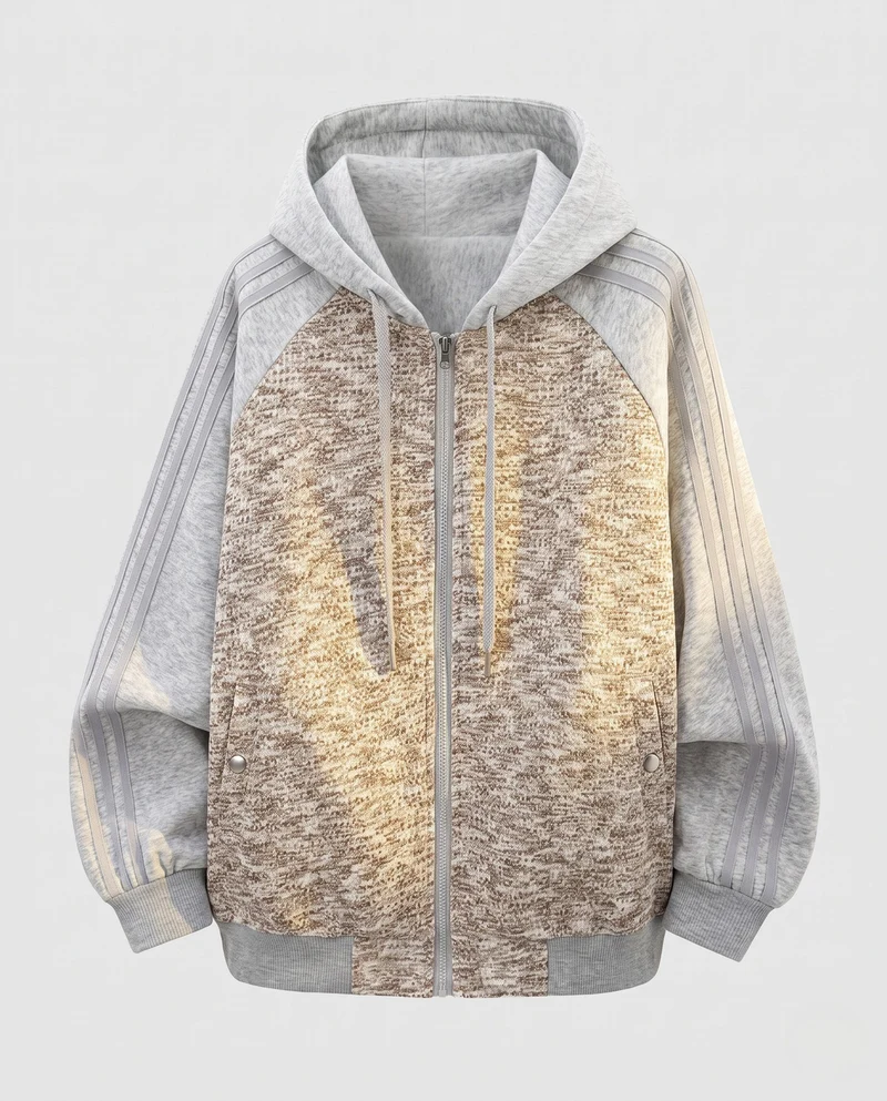 Damen Oversize Strick-Hoodie-Bomber mit Mélange-Front, Raglanärmeln & Voller Reißverschluss Nord Taschen