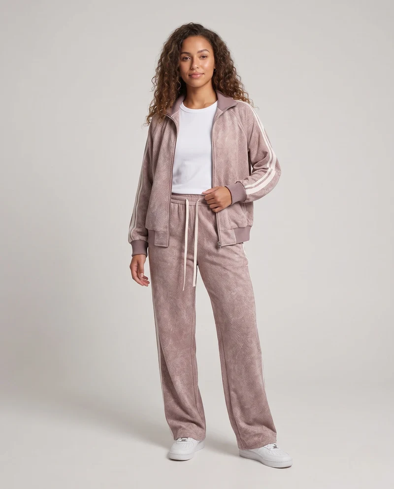 Damen Oversize Samt Effekt Track Bomberjacke mit Hohem Kragen, Kontraststreifen & Rippbündchen Nord Taschen