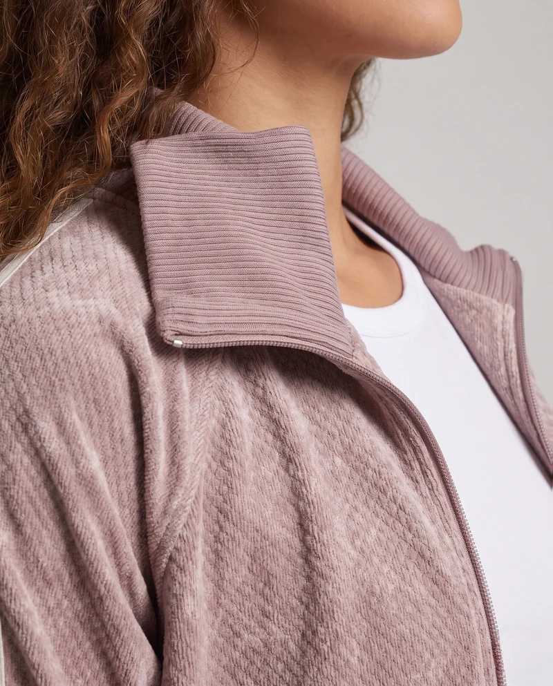 Damen Oversize Samt Effekt Track Bomberjacke mit Hohem Kragen, Kontraststreifen & Rippbündchen Nord Taschen