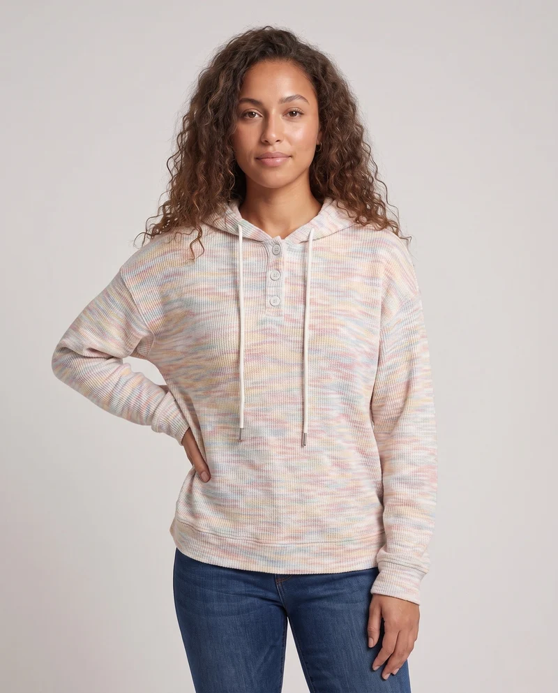 Damen Oversize Strick Hoodie mit Henley-Knopfblende Nord Taschen