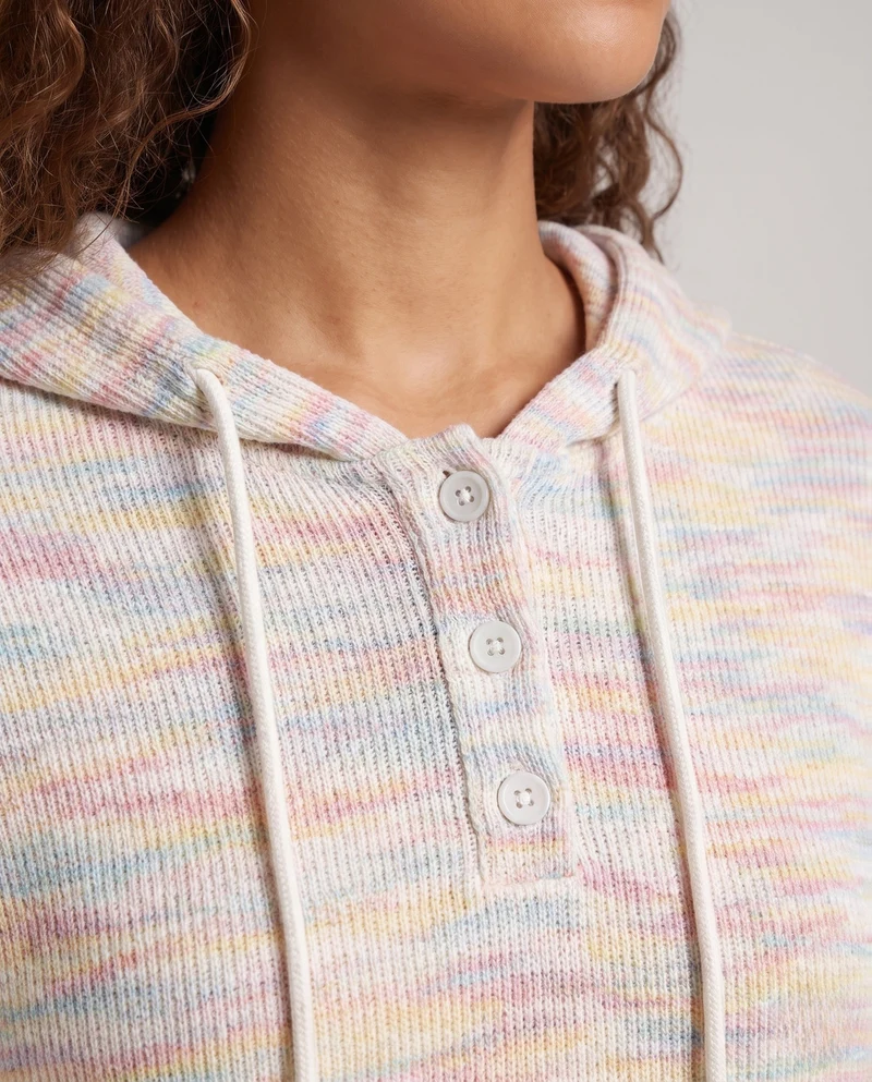 Damen Oversize Strick Hoodie mit Henley-Knopfblende Nord Taschen