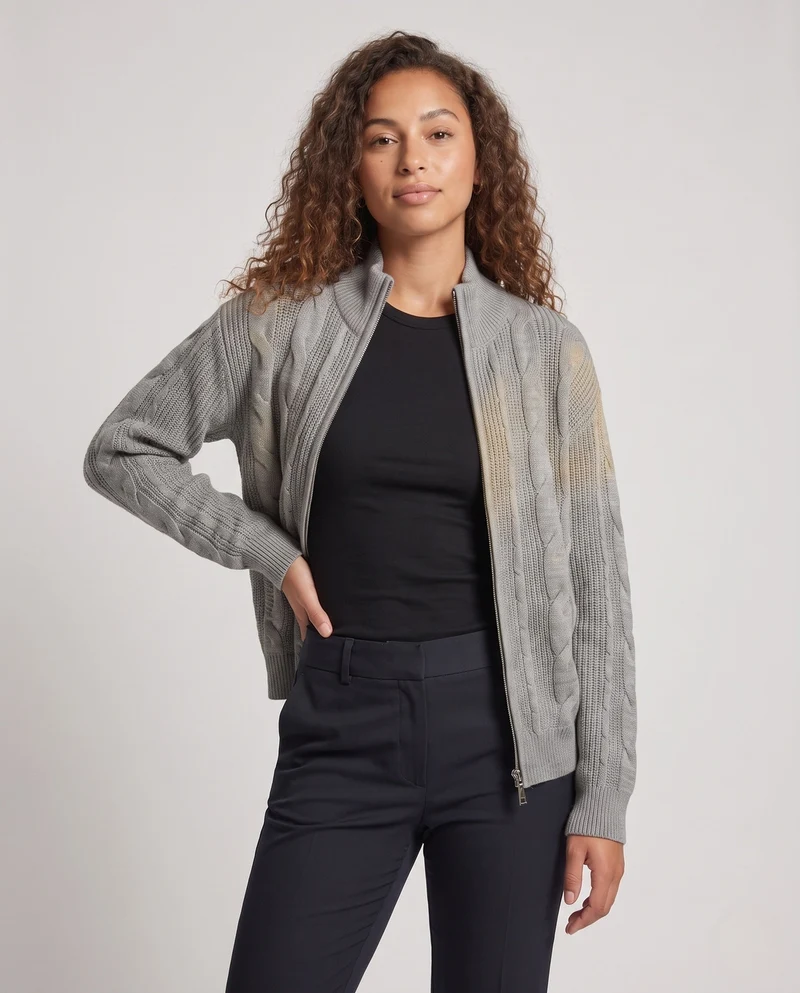 Frauen Oversized Strickcardigan mit Zwei-Wege-Reißverschluss, gerippter Strukturstrick & Stehkragen Nord Taschen