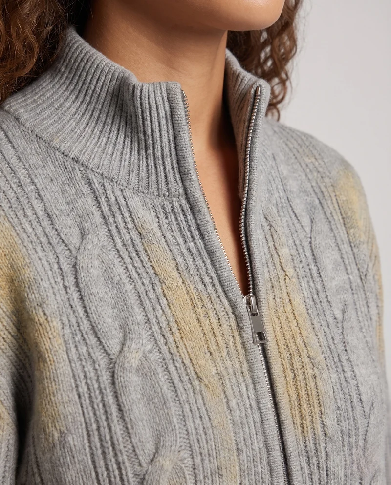 Frauen Oversized Strickcardigan mit Zwei-Wege-Reißverschluss, gerippter Strukturstrick & Stehkragen Nord Taschen
