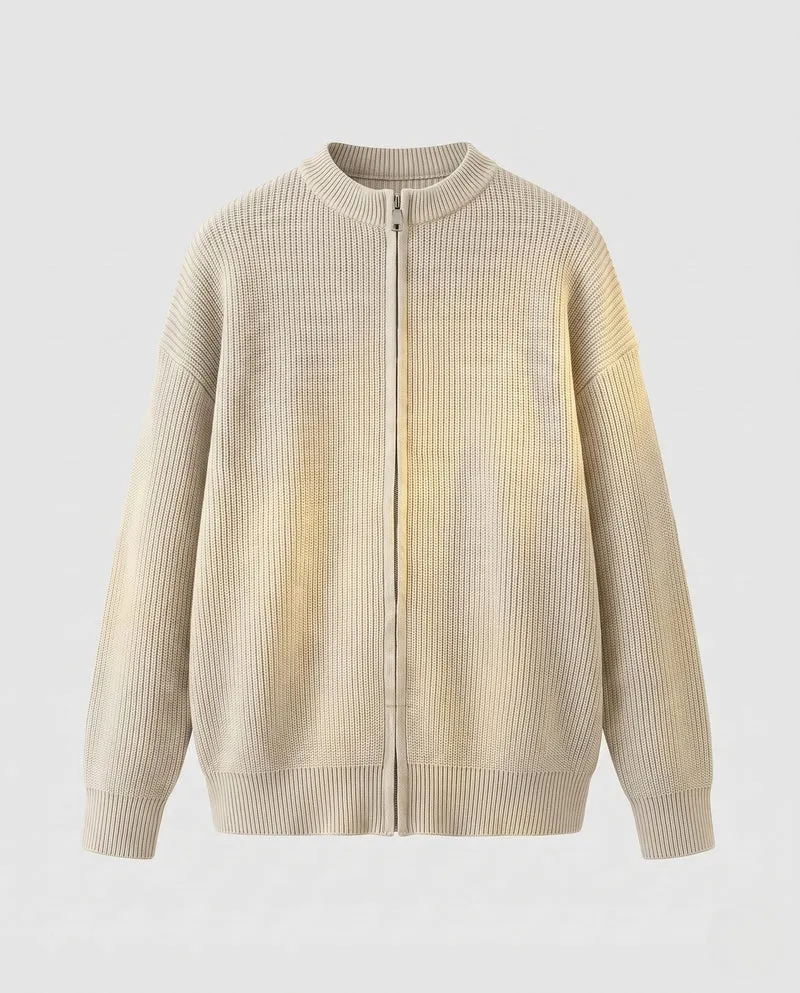 Frauen Oversized Strickcardigan mit Zwei-Wege-Reißverschluss, gerippter Strukturstrick & Stehkragen Nord Taschen