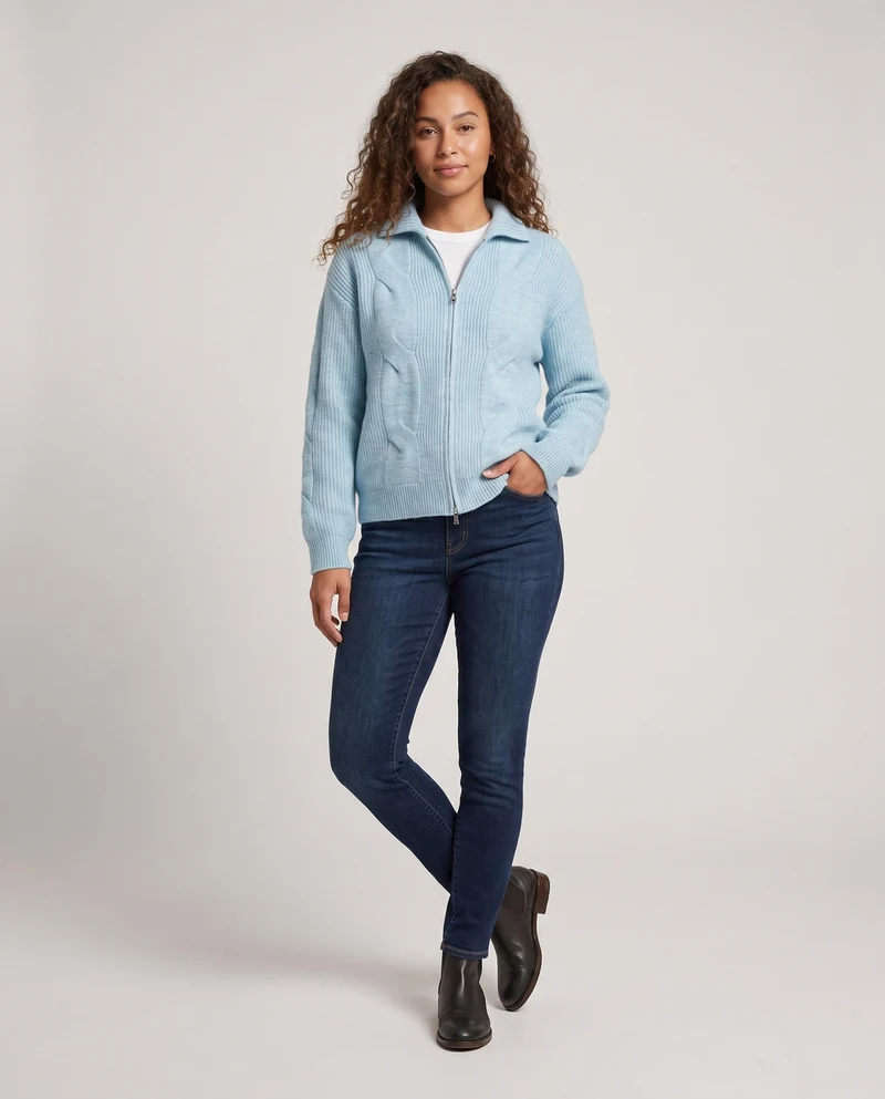 Damen Oversized Cardigan mit Kabelmuster, Reißverschluss & Stehkragen Nord Taschen