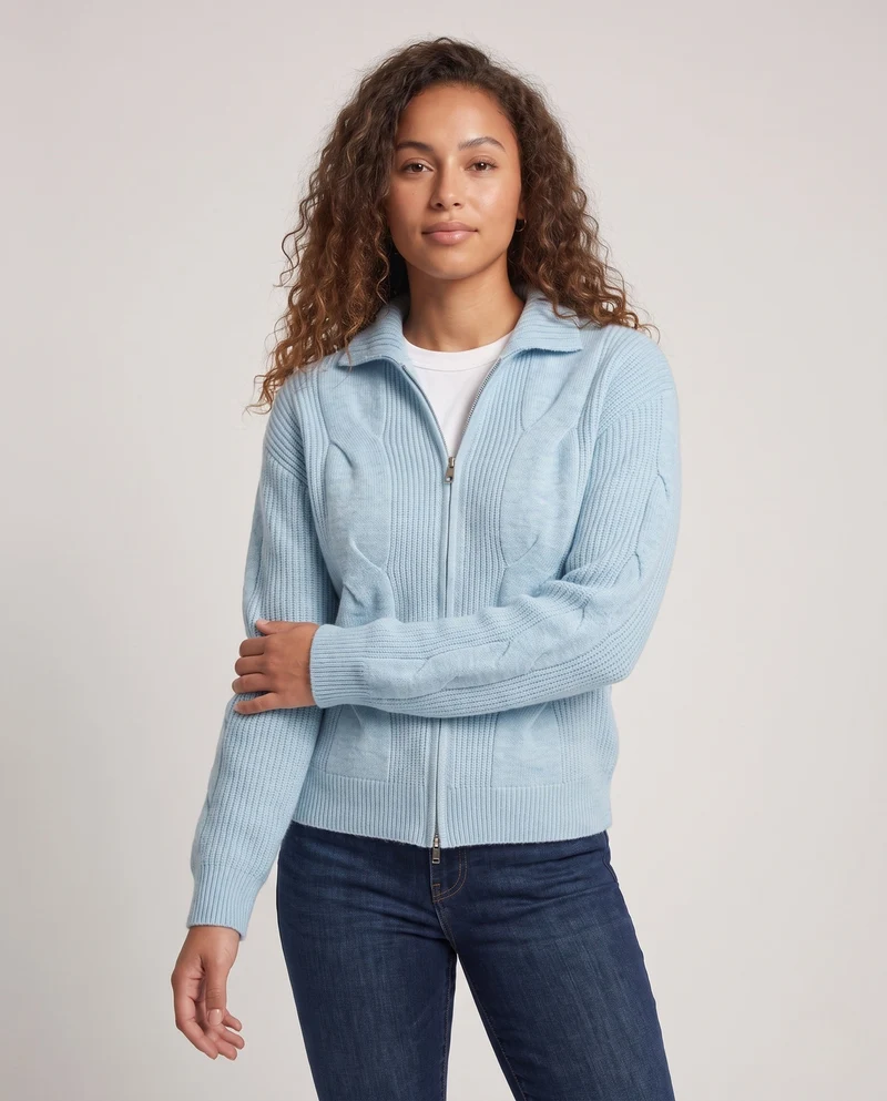 Damen Oversized Cardigan mit Kabelmuster, Reißverschluss & Stehkragen Nord Taschen