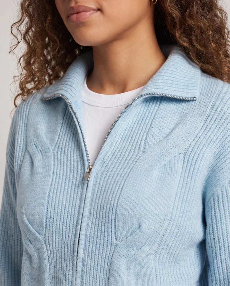 Damen Oversized Cardigan mit Kabelmuster, Reißverschluss & Stehkragen Nord Taschen
