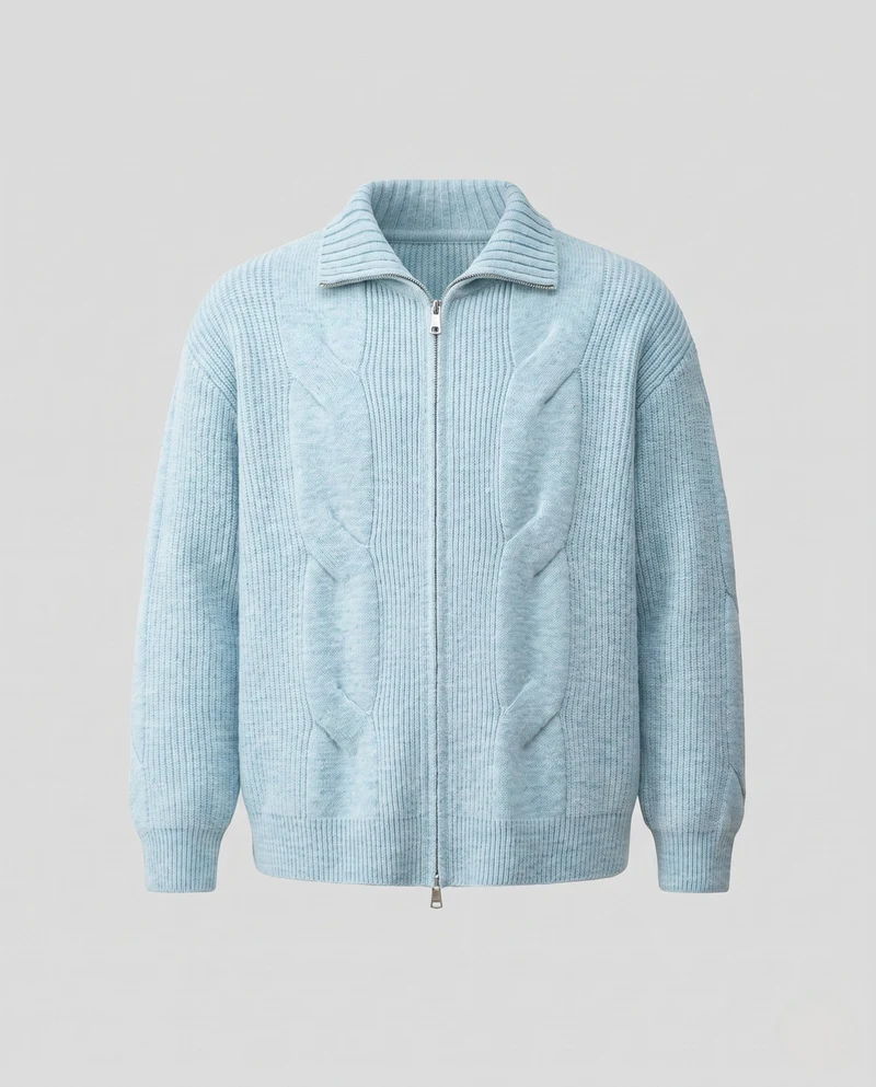 Damen Oversized Cardigan mit Kabelmuster, Reißverschluss & Stehkragen Nord Taschen