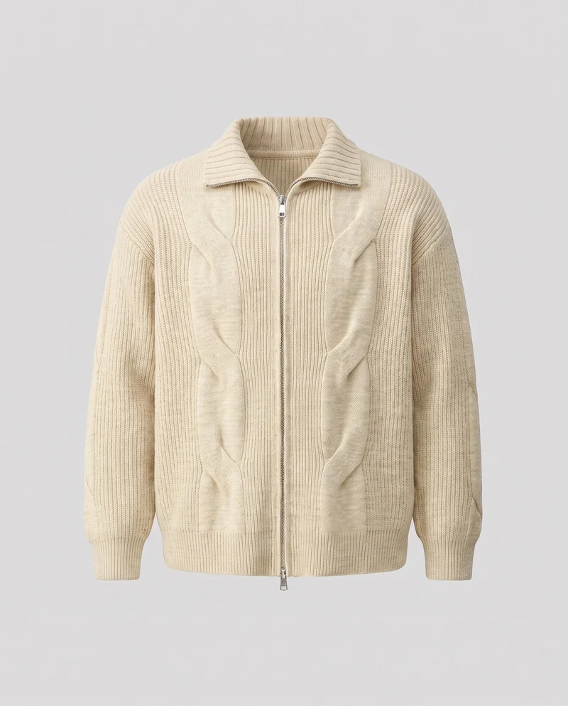 Damen Oversized Cardigan mit Kabelmuster, Reißverschluss & Stehkragen Nord Taschen