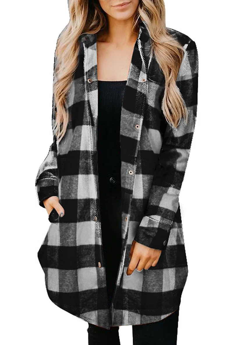 Damen lässige Longbluse im Karo-Design mit Knopfleiste - Arvani